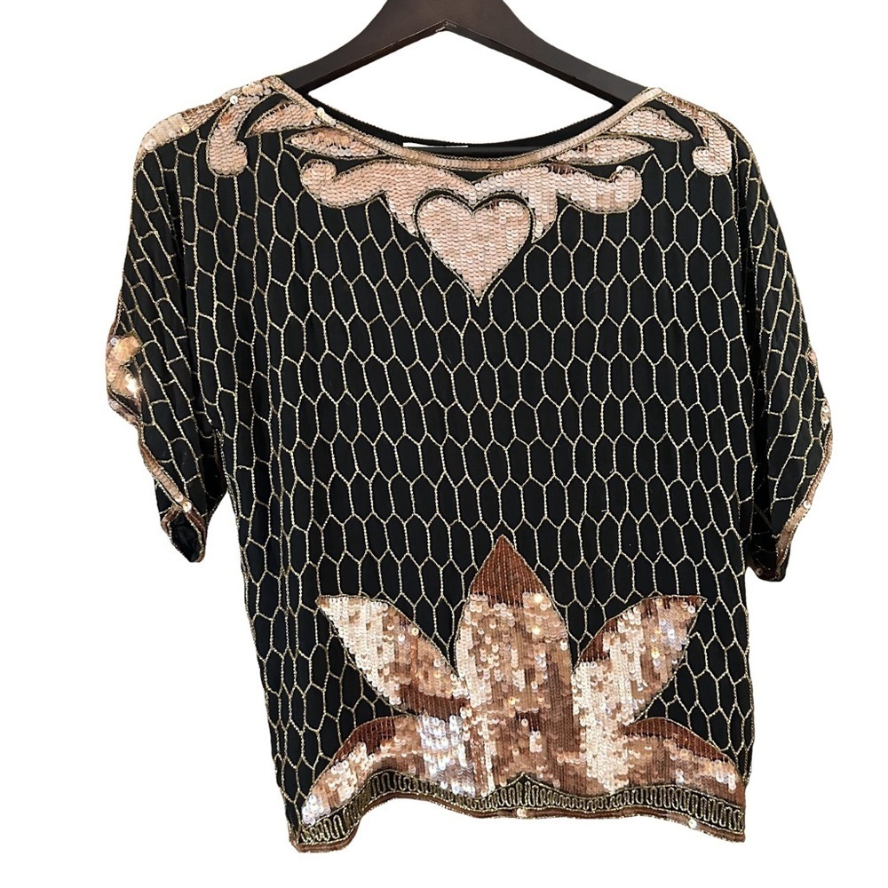 Vintage Rina Z Womens Top Black Rose Gold Beaded Sequins Glam Evening Shawl Sz S